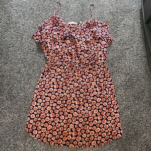 Rebecca Taylor Navy Blue Orange Floral Silk Spaghetti Strap Ruffle Dress Size 8